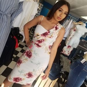 Beige dress with burgundy flowers